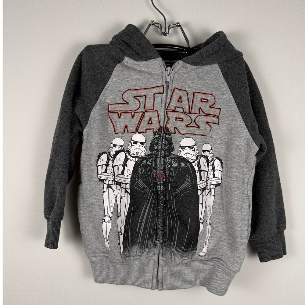 ✨3 for $15 Star Wars Darth Vader Stormtrooper Zip Hoodie Kids XS 4/5 Grey Raglan